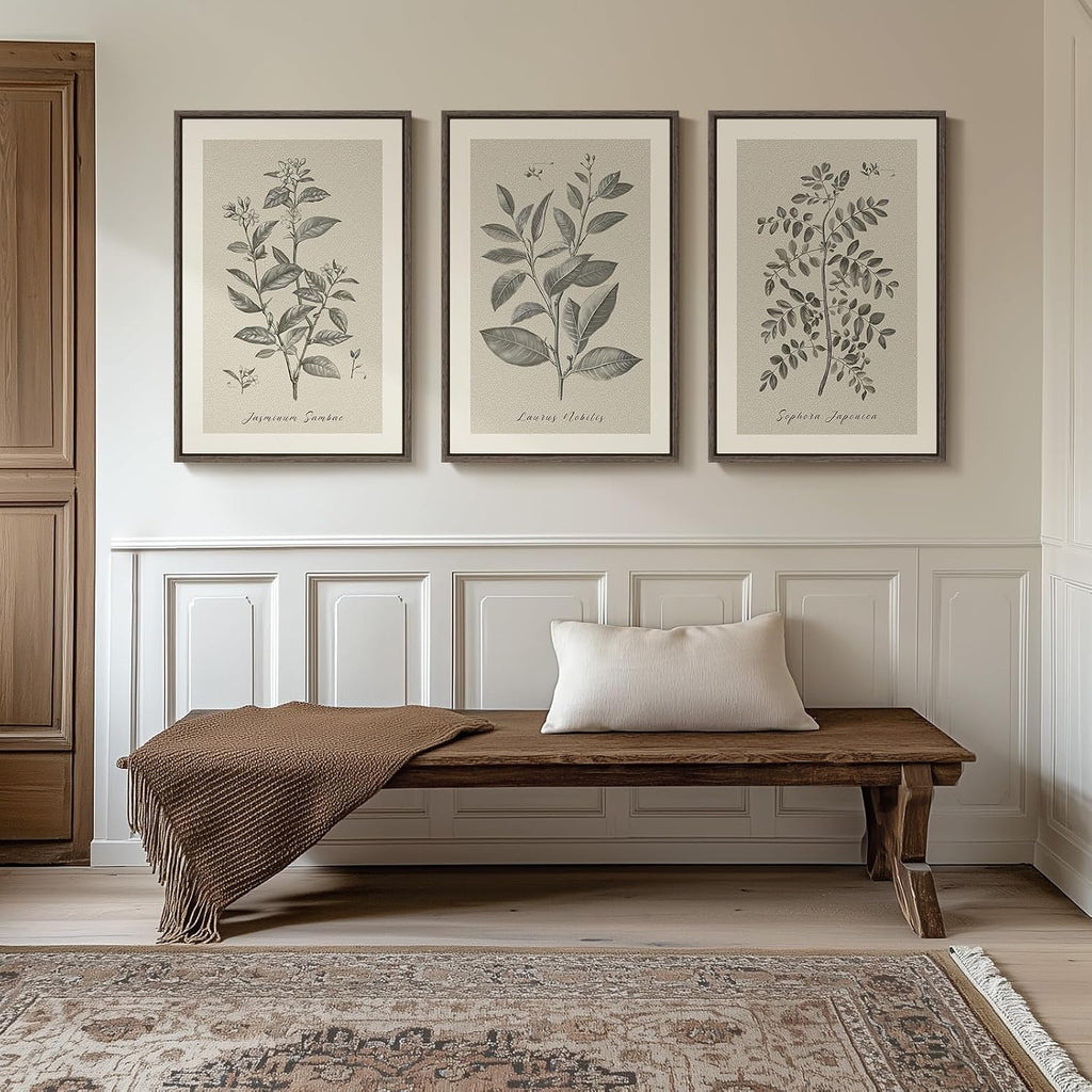 Large Framed Botanical Wall Art, 3 Piece Neutral Plant Canvas Painting Prints Artwork for Farmhouse Walls, Vintage