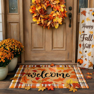 2 Pcs Fall Leaves Layered Doormats Fall Coir Welcome Mat | Non-slip Autumn Door Mat, Brown and White Plaid Rug