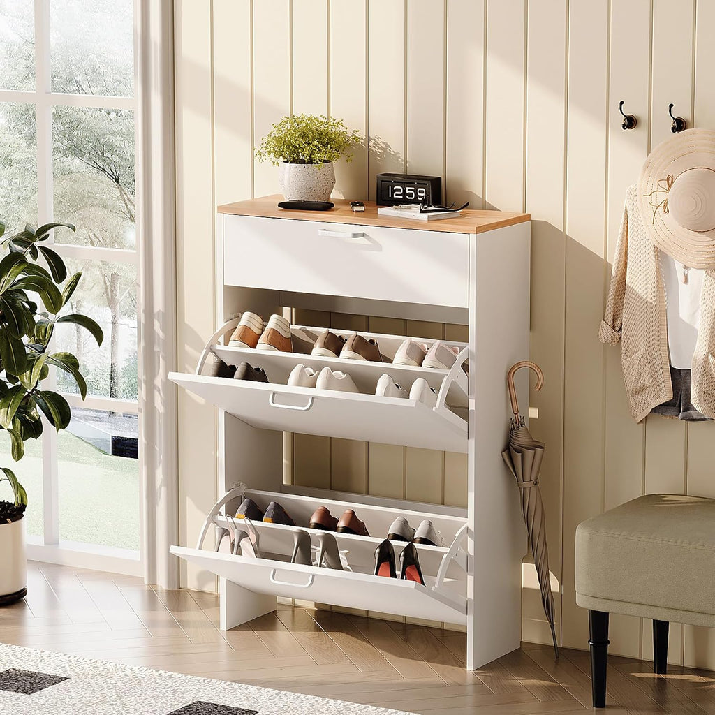 Shoe Cabinet Storage Ultra Slim with 2 Flip &1Drop-Down Drawers, 24.8" W Narrow Shoe Cabinet for Front Door