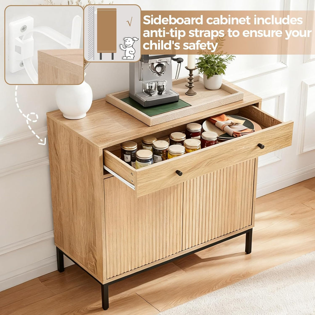 31 inch Sideboard Buffet Cabinet with Drawer, Modern Fluted Credenza with 2 Doors & Adjustable Shelf