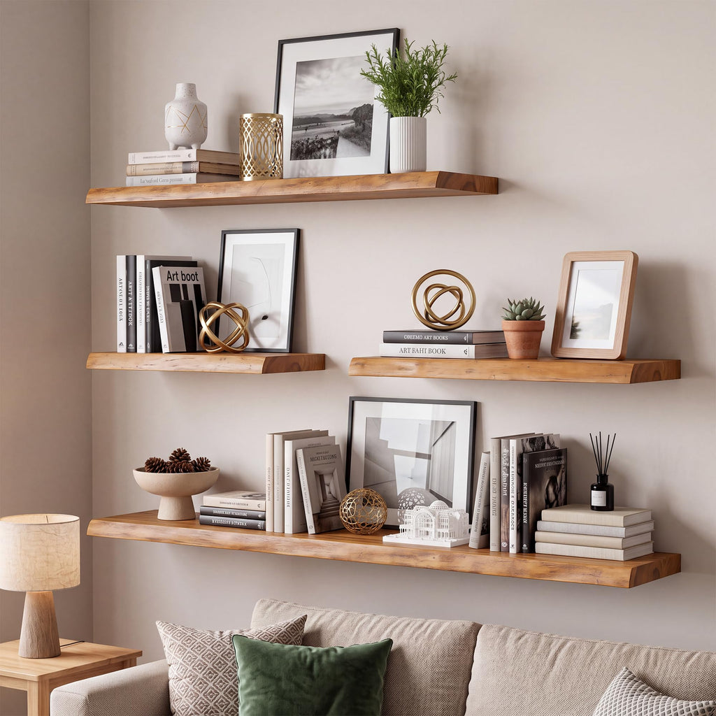 Live Edge Elm Floating Shelves - 22" W x 9.3" D Rustic Solid Wood Wall Shelves with Invisible Bracket, Wall-Mounted