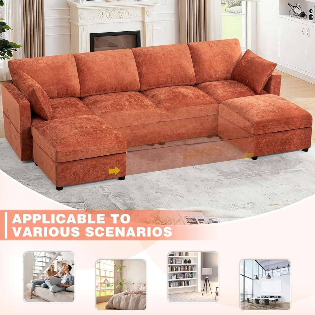 110” Chenille 4 Seater Sofa W/Movable Ottomans, Modern Fabric U-Shaped Couch w/Soft Backrests