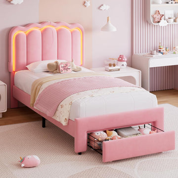 Twin Upholstered LED Bed Frame with Storage Drawer and Adjustable Chic Double Wavy Headboard, Velvet Princess