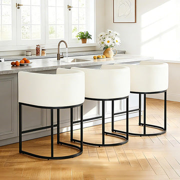 26" H Counter Height Bar Stools Set of 3, Modern Barrel Counter Chairs with Backrest and Arms, Faux Leather