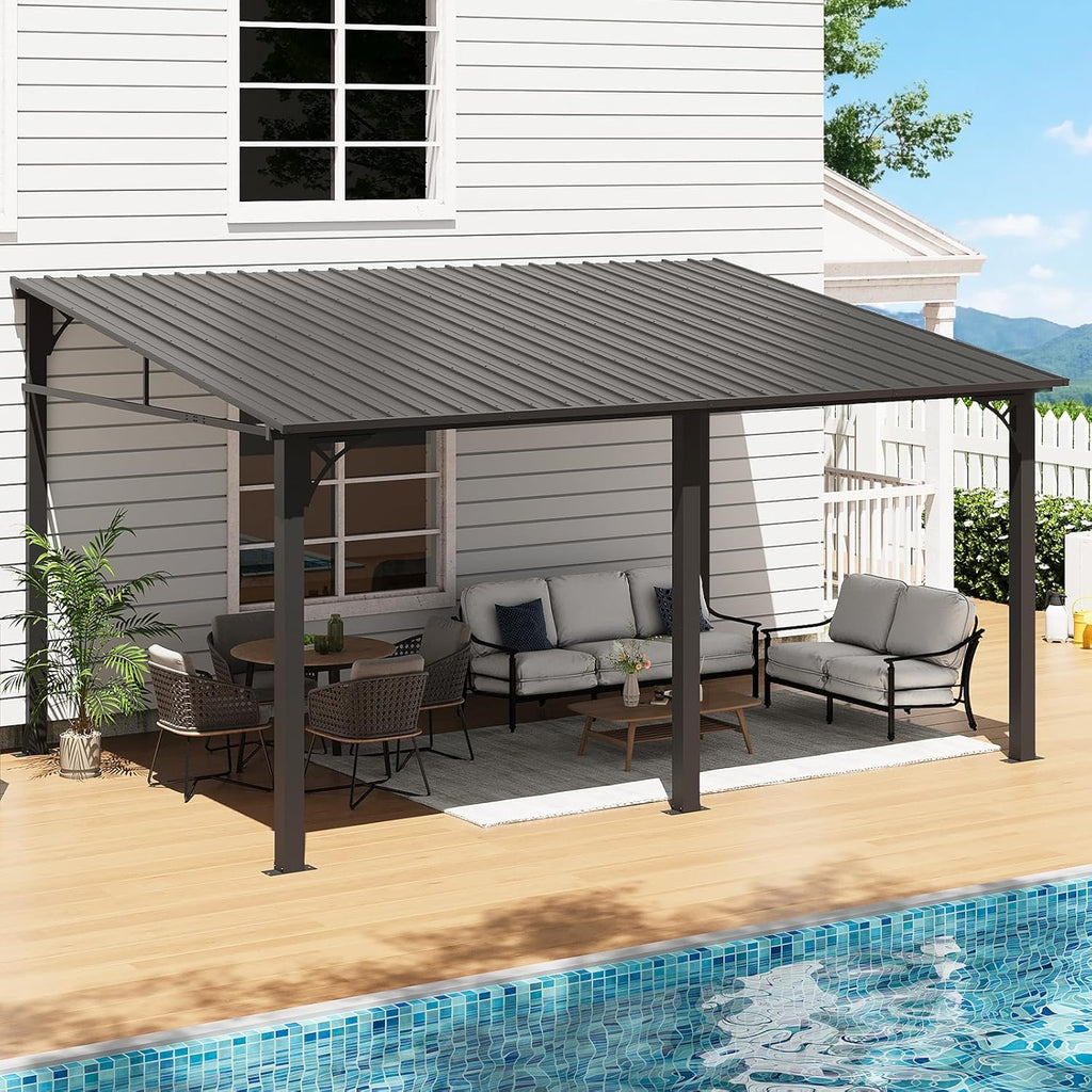 10' x 14' Lean to Gazebo, Upgraded Hardtop Outdoor Pergola with Sloping Galvanized Steel Roof, Large Wall-Mounted Heavy Duty Awnings for Patio, Backyard, Deck, Porch (Black)