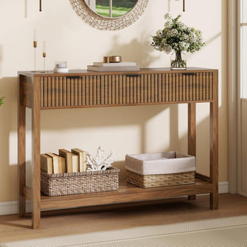 Fluted Console Table, Wooden Sofa Table with Storage and Drawers, Farmhouse Behind Couch Table Entryway Table for