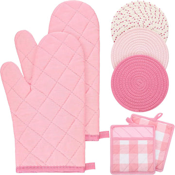 Pink Oven Mitts and Pot Holders 7 Sets, Heat Resistant Kitchen Gloves Pads Pot Holders for Women Gifts Kitchen