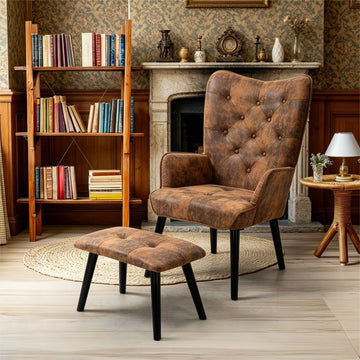 Accent Chair with Ottoman, Brown Button Tufted Wingback Chair | Soft Upholstered Fabric; High Density Thick Sponge;