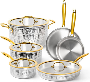 Triply Stainless Steel Pots and Pans Set, 10-Piece Hammered Stainless Steel Cookware Set with Golden Handle, Premium