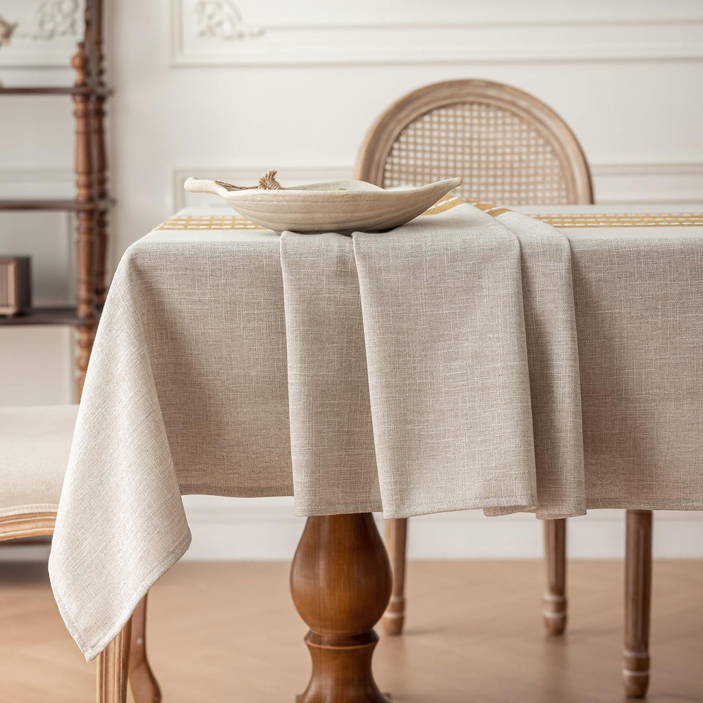 Rustic Waterproof Cotton Blend Tablecloth, Heavy Weight Embroidery Table Cover for Rectangle Tables, Burlap Farmhouse