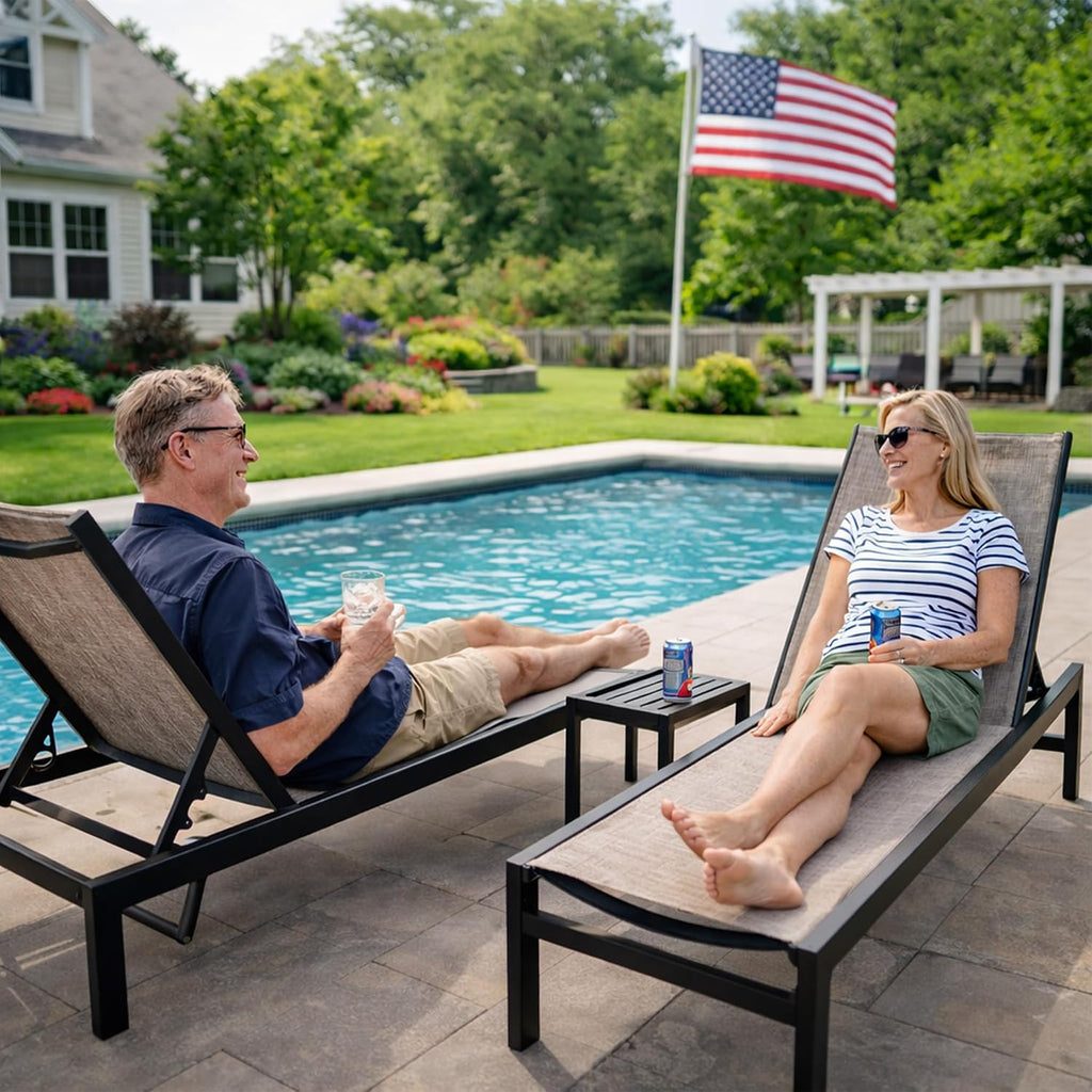 Outdoor Chaise Lounge, Powder-Coated Aluminum Frame | Textilene Fabric, Adjustable Reclining Patio Lounger (Beige)