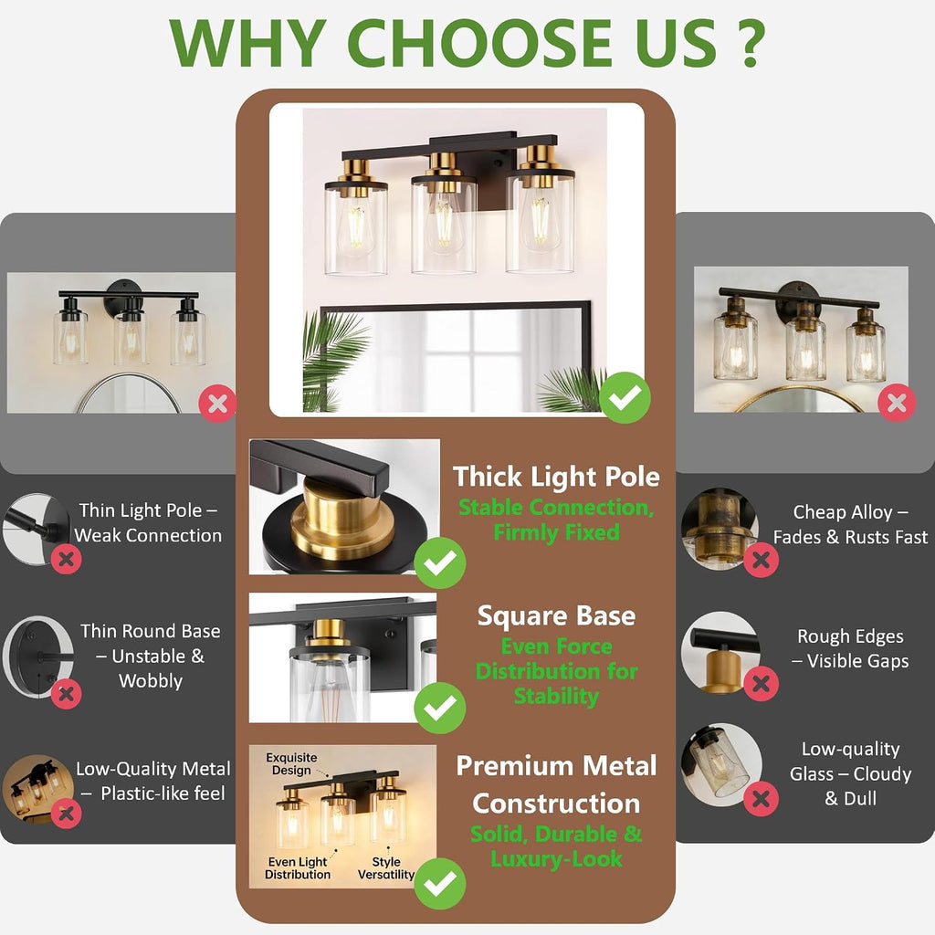 Bathroom Light Fixtures, 3-Light Black and Gold Bathroom Lights Over Mirror with Clear Glass Shade,Vanity Lights