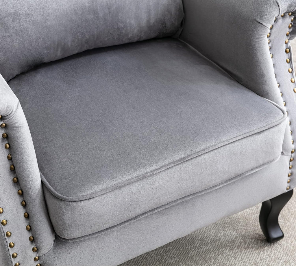 Mid Century Modern Accent Chair Upholstered Armchair Comfy Velvet Fabric Single Sofa with Lined Wingback for Small