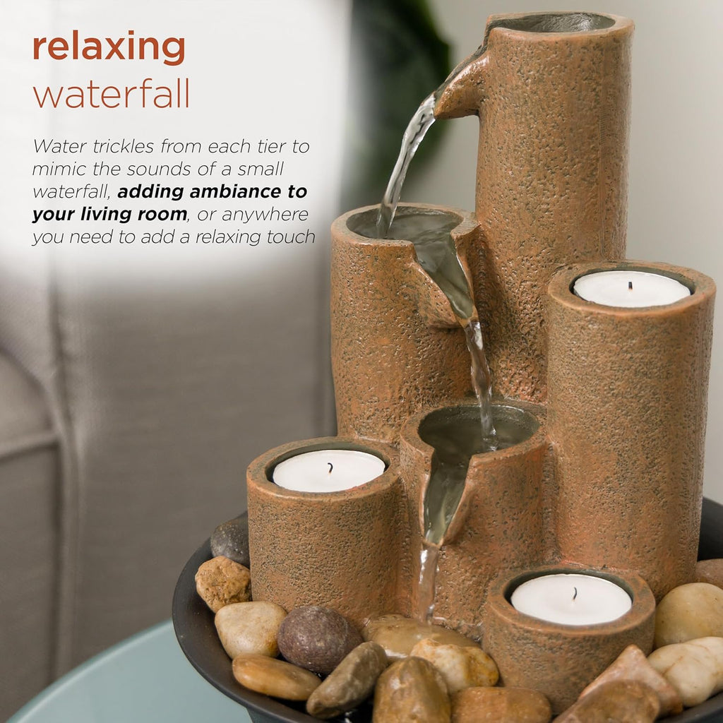 Indoor Tabletop Tiered Water Fountain Featuring 3 Candles for Desktop and Table, 11", Brown