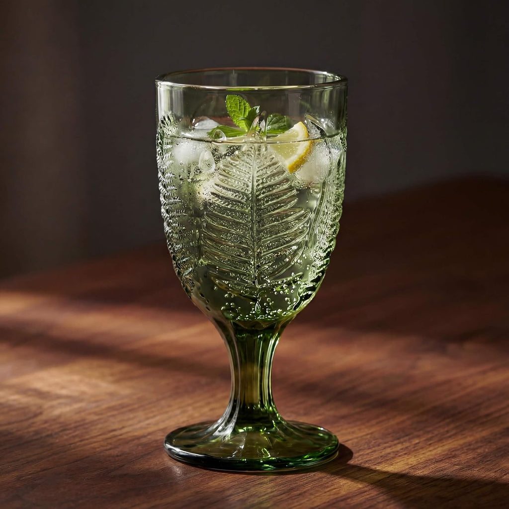 Green Glass Goblets Set of 4, 10 oz Hand-Pressed Vintage Glassware, Textured Fern Embossed Drinking Glasses, Boho