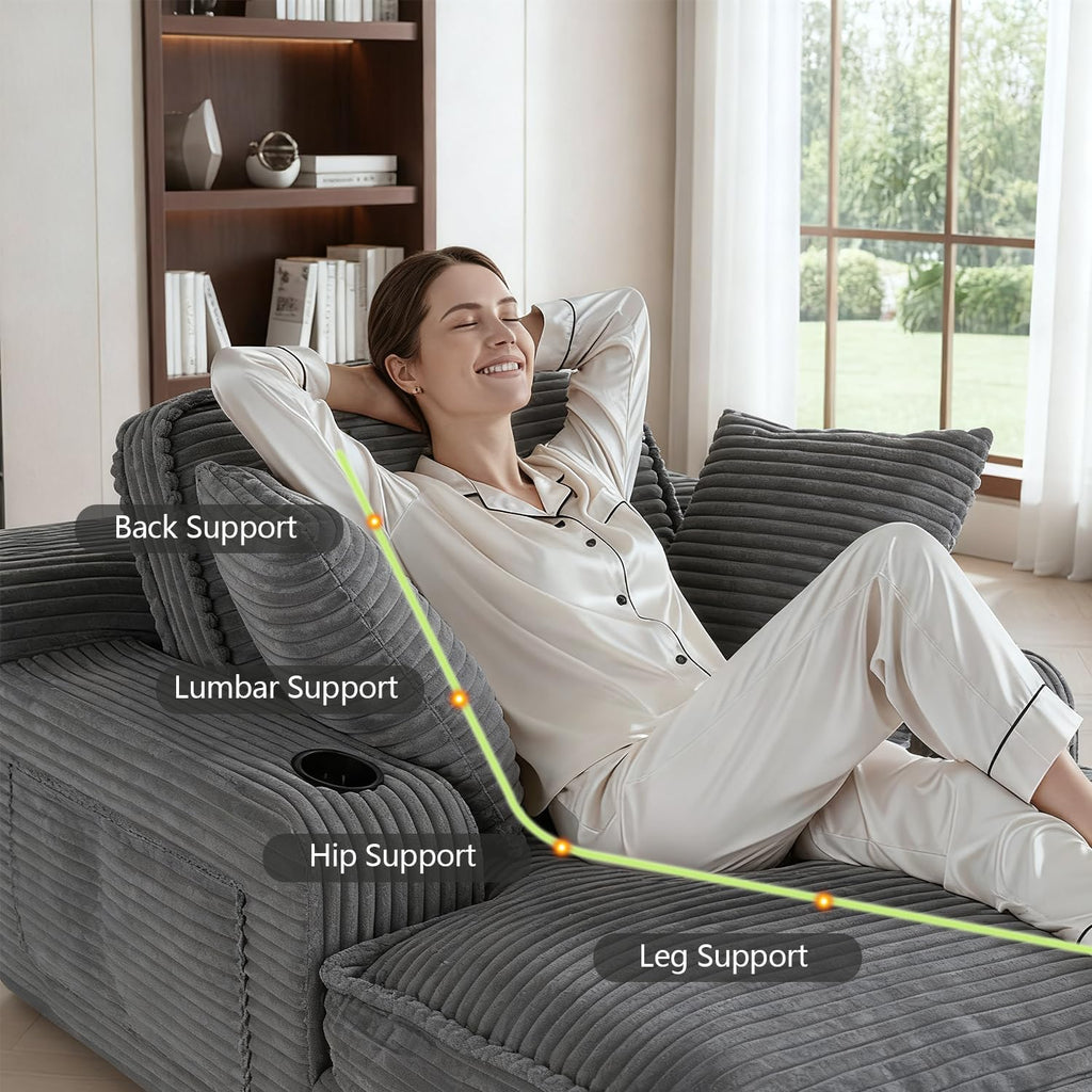 67" Oversized Chaise Lounge Chair Indoor, Soft Boneless Cloud Couch, Gray | Comfy Corduroy Sleeper Couch with 3