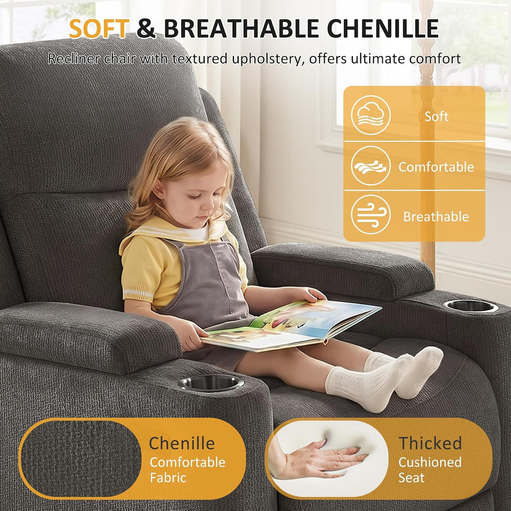 Power Nursery Glider Rocking Chair, Comfy Chenille Grey | 270° Swivel, USB & Type-C Ports, Cup Holder & Armrest