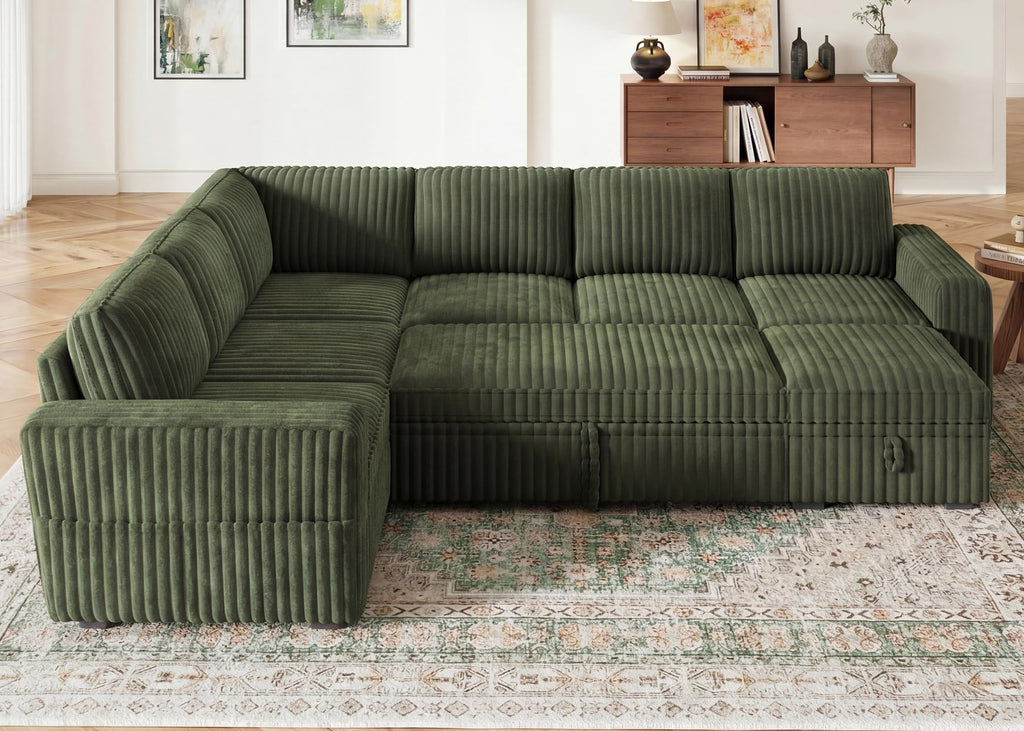 Corduroy U Shaped Sectional Sleeper Sofa with Pull Out Bed, Green