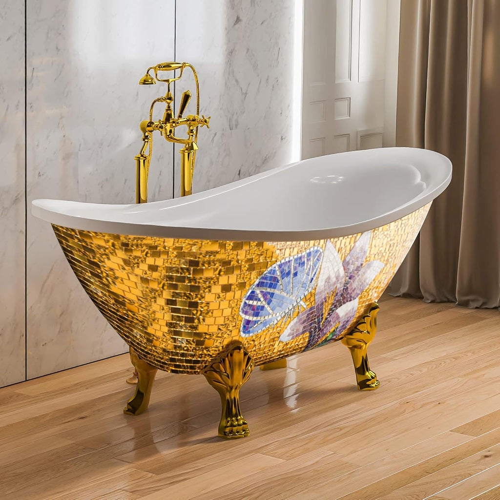 67"x 31.5"x31.5" Freestanding Soaking Acrylic Gold Color Mosaic Bathtub | luxury acrylic fiberglass cast iron