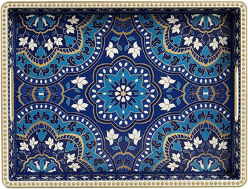 Boho Serving Tray with Handles, Large Rectangular Decorative Ottoman Tray with Gold Beaded Rim, Blue Floral Mandala