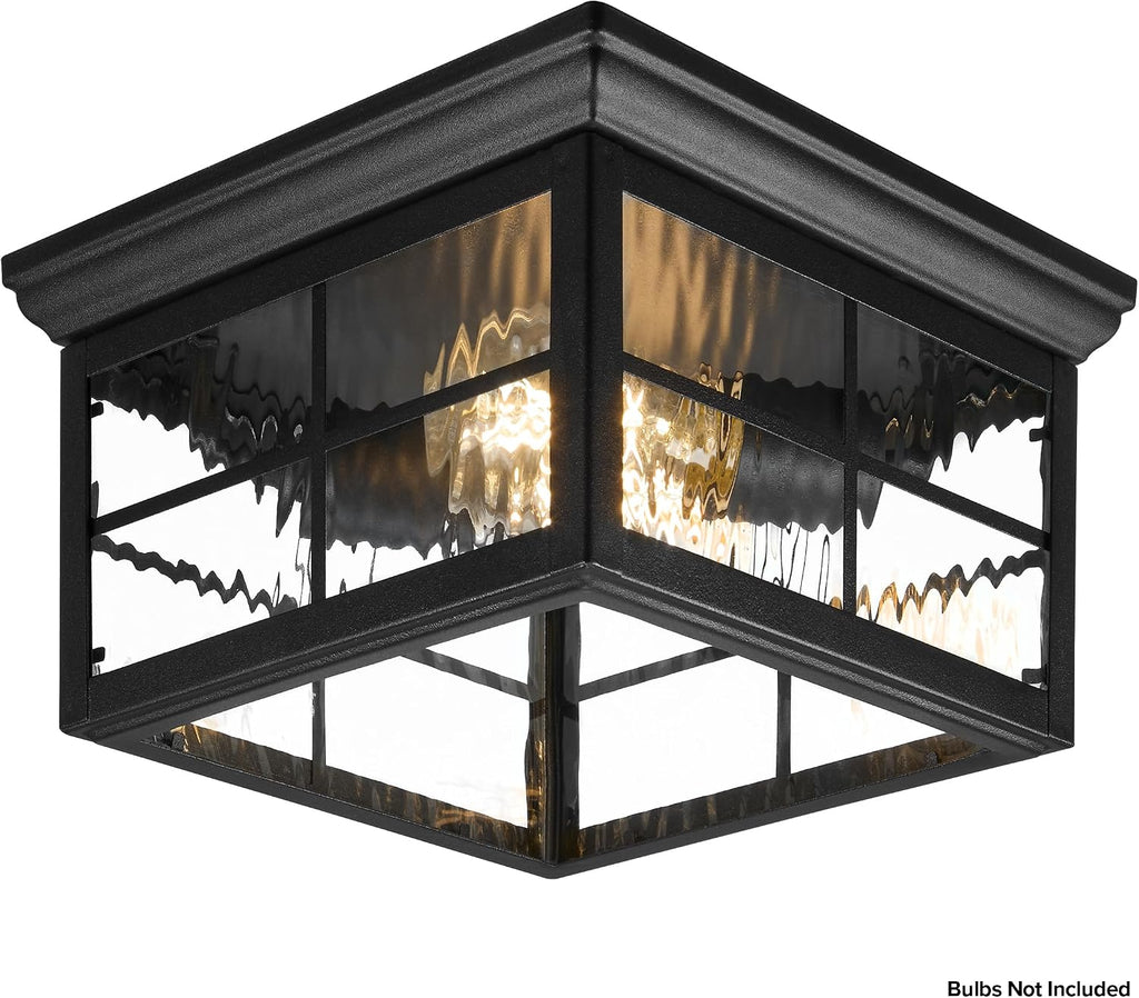 Outdoor Flush Mount Ceiling Light Fixture, Black with Water Glass | Square Farmhouse Porch or Patio Light