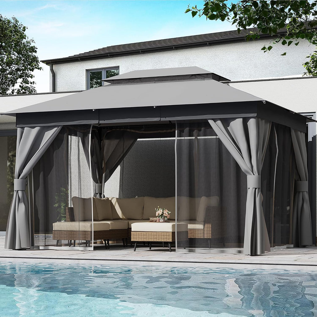10'x13' Outdoor Gazebo, Metal Frame Heavy Duty Patio Canopy Tent Shelter with Double Roofs - Gray