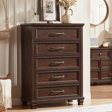 Farmhouse Chest of Drawers , 45" Tall Dresser for Closet, Rustic Wood Dressers , Walnut