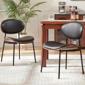 Mid-Century Modern Dining Chairs Set of 2, PU Leather Upholstered Dining Room Chairs with Walnut Grain Back, Bentwood