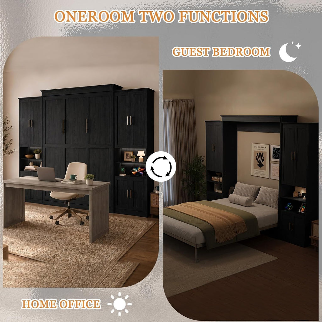 Queen Murphy Bed with 2 Storage Cabinet Shelves, Farmhouse Wood Hidden Foldable Wall Bed Frame, Space Saving Beds