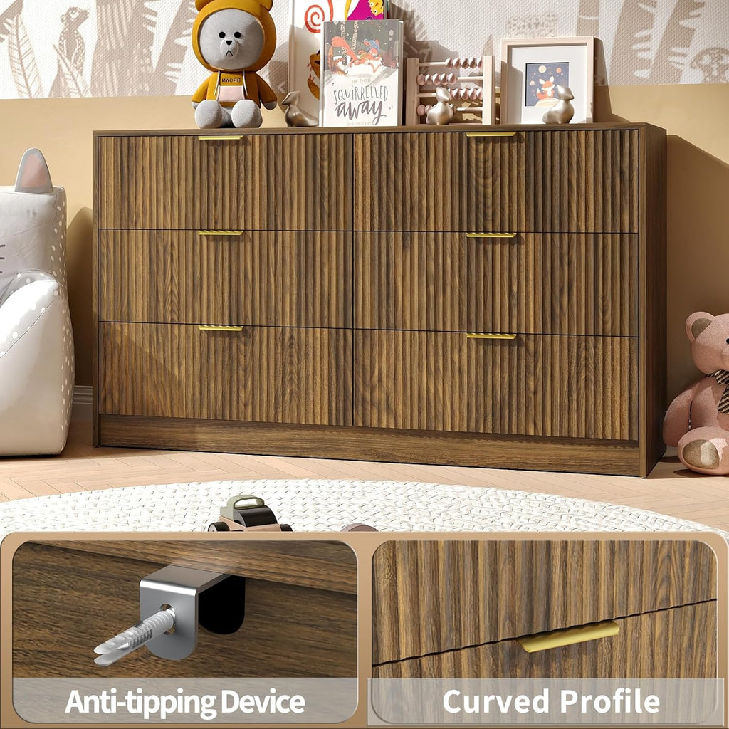 Walnut Dresser Set of 2, Long Dresser Wooden with 12 Drawers, Fluted Modern Bedroom Furniture Set, TV Stand Dressers
