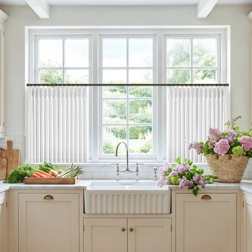Snow White Linen Pleat Farmhouse Semi Sheer Cafe Curtains 30 Inches Long