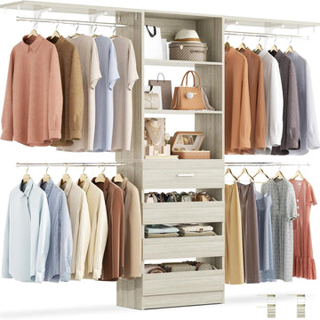 Closet System with 4 Drawers, 8FT Wood Closet Organizer System, 96'' Closet Built In System Tower with Shelves