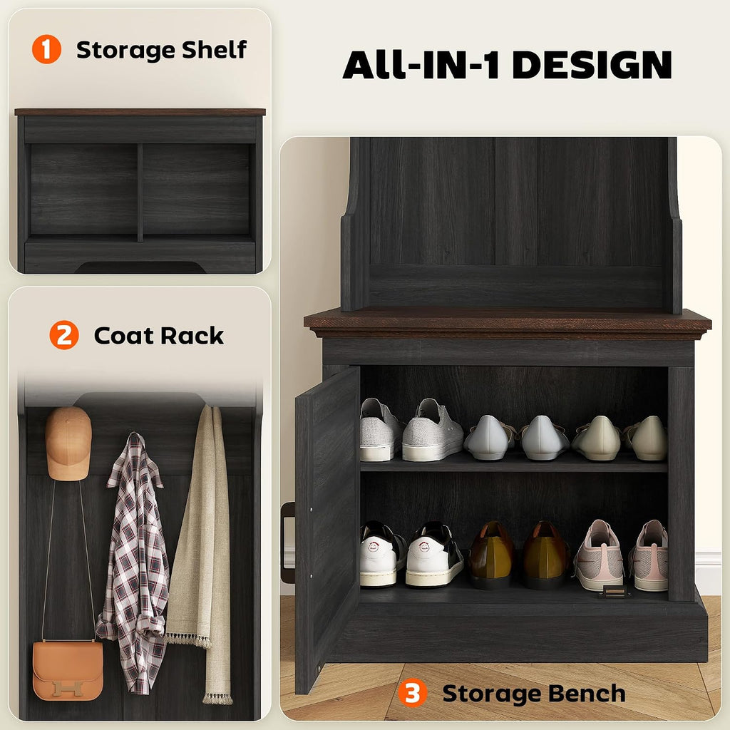 3-in-1 Hall Tree with Shoe Storage, Standing Coat Rack with Shoe Bench, Entryway Furniture with Three Hooks, Black