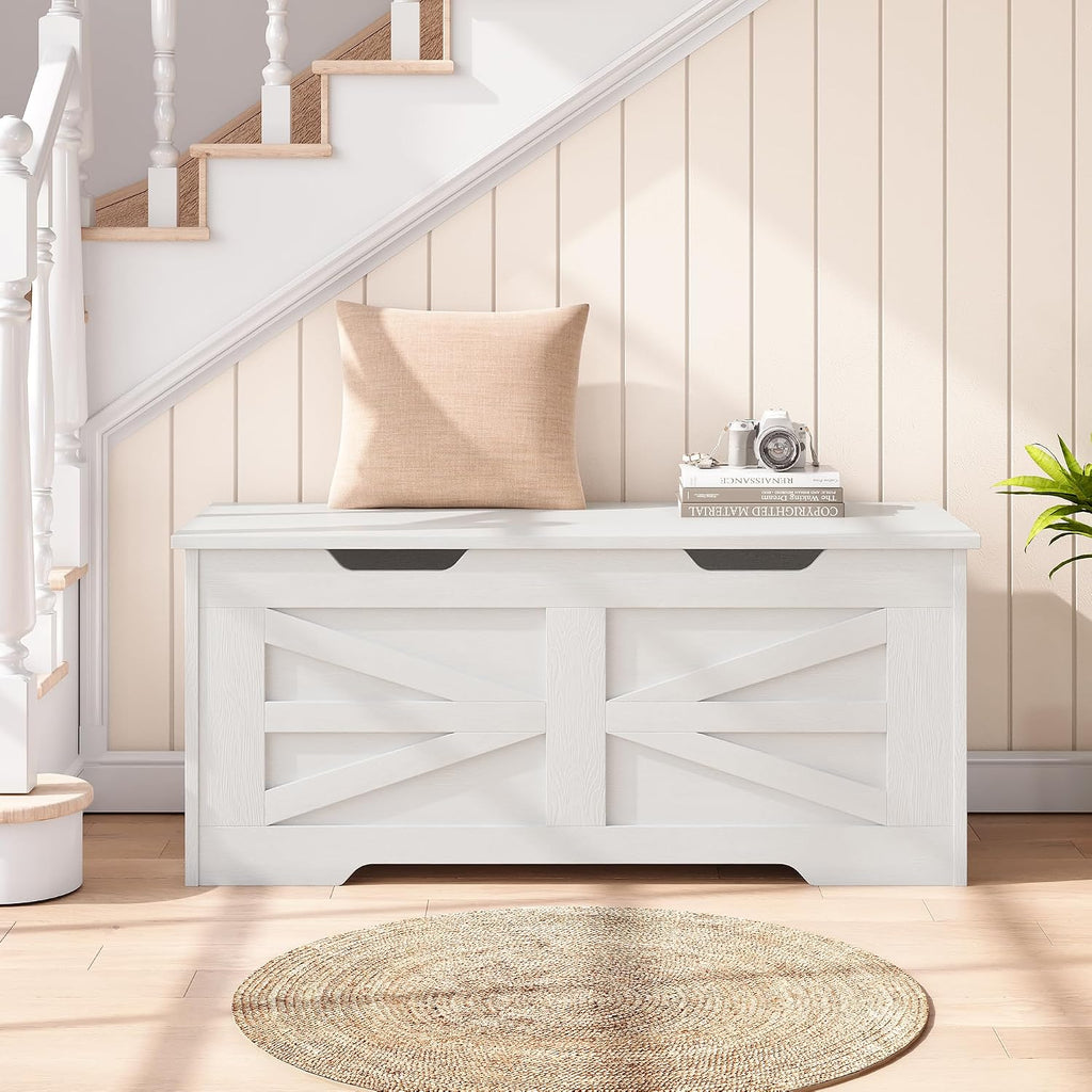 39.4" Large Wooden Storage Chest Bench with Safety Hinge, Blanket Chest , Farmhouse Storage Trunk , Sturdy Entryway