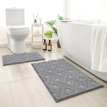 Grey Bathroom Rug Set 2 Piece, 20"x32"+16"x24" | Soft Microfiber Tufted Bath Mats, Super Absorbent, Non Slip, Machine