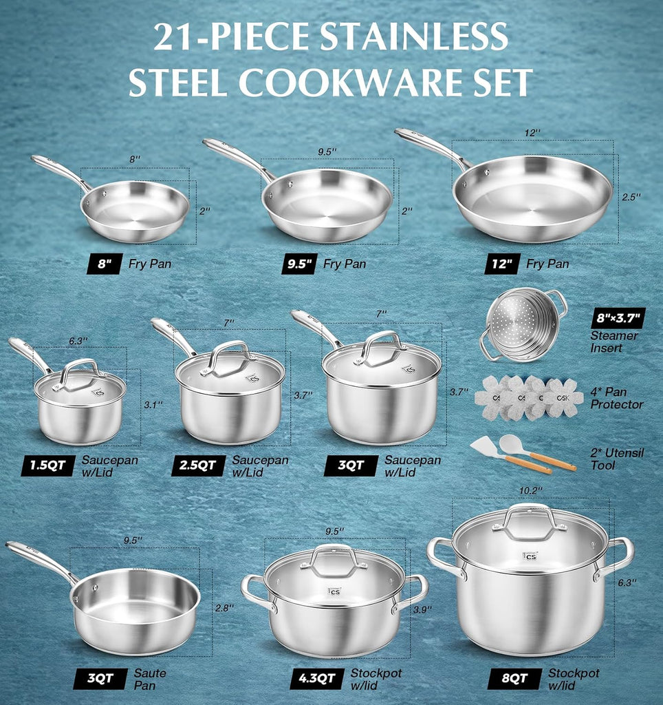Stainless Steel Cookware Set 21 Piece with 5-Layer Base, Professional 18/10 Stianless Steel Pots and Pans Set