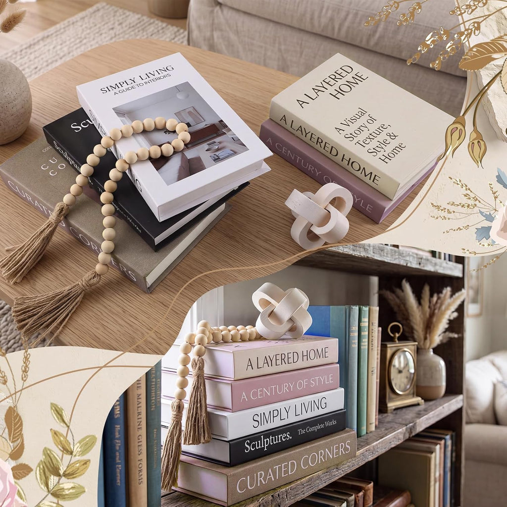 Decorative Books Set of 5 Fake Books Decor with Wood Bead Garland and Buckle Modern Aesthetic Stackable Book for