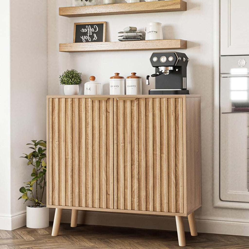 Fluted Storage Cabinet, Sideboard Buffet with Doors and Shelf, Wooden Console Table & Credenza