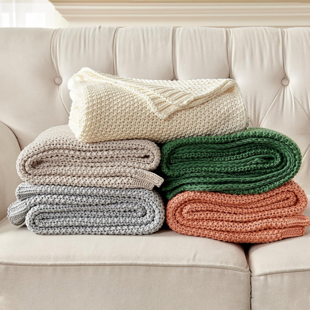 Chunky Cable Knit Throw Blanket, Lightweight 100% Organic Cotton Soft Cozy Throw Twin Blanket, Rustic Breathable