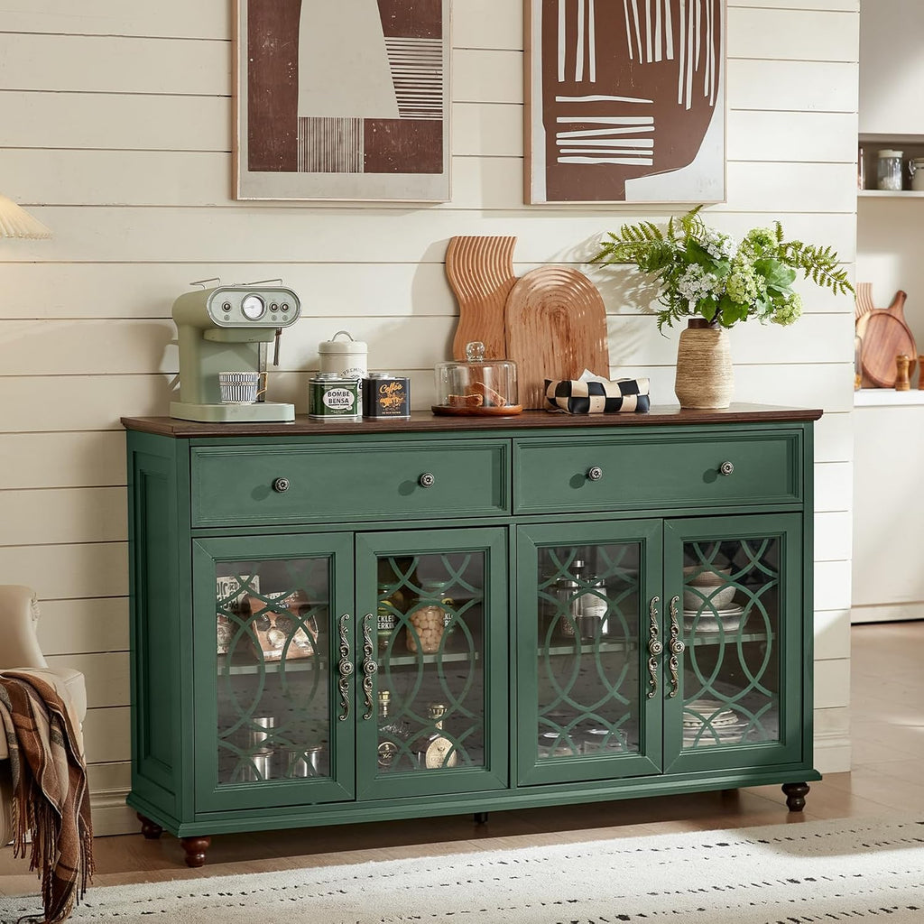 Farmhouse Sideboard Buffet Cabinet with Storage,Adjustable Shelves Console Table,59" Large Credenza with 4 Glass Doors