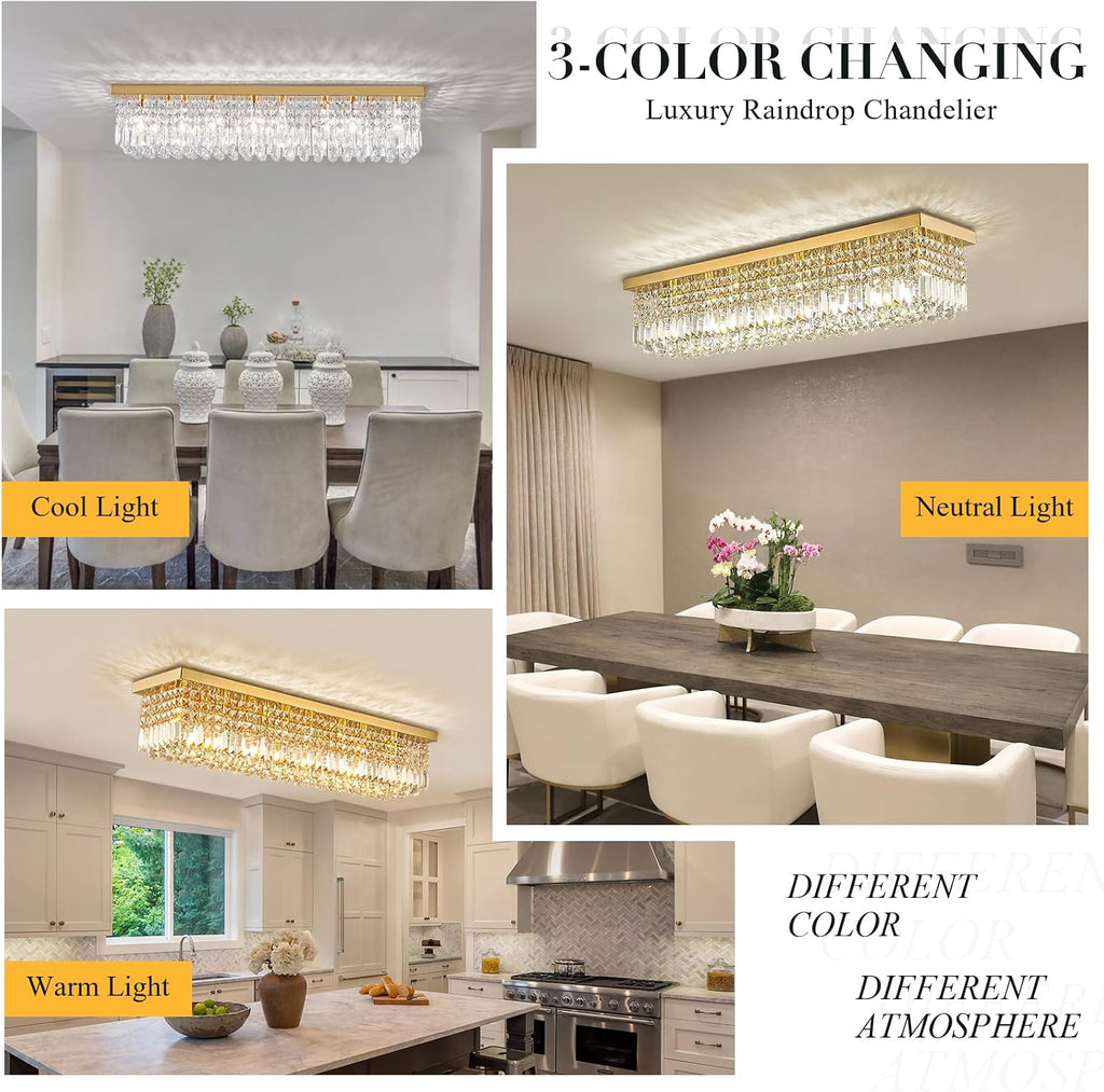 Rectangular Gold Crystal Chandelier, 8-Light Modern Dimmable K9 Crystal Raindrop Chandelier, Luxury Rectangle Flush