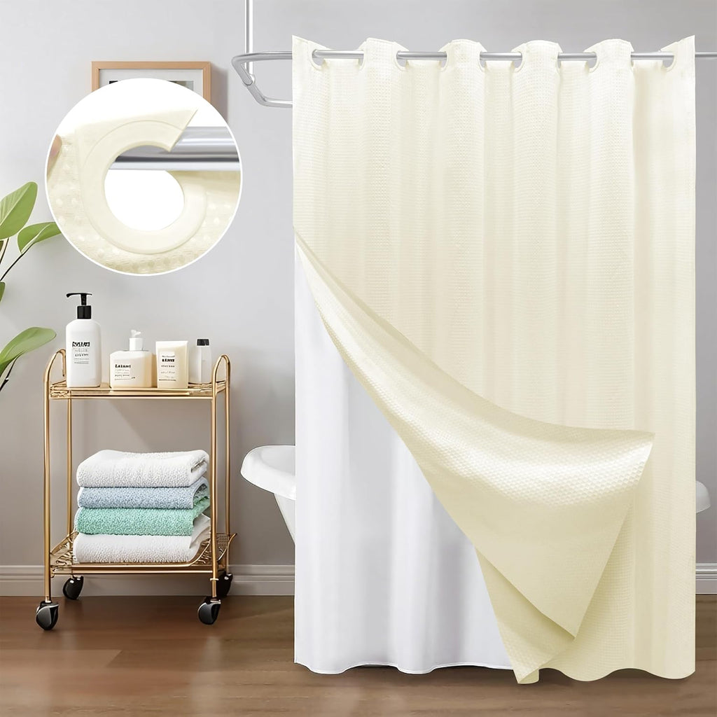 No Hook Shower Curtain with Removable Snap-in Liner, Waffle Weave 230 GSM Polyester, Weighted Hem, Water Repellent