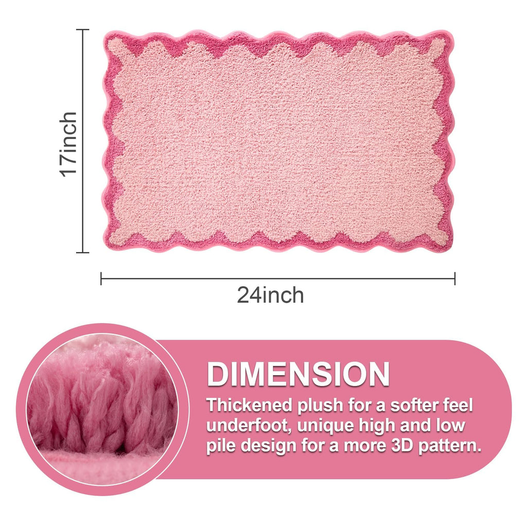 Small Pink Scalloped Bath Mat, Cute Plush Microfiber Scallop Bathroom Rugs Non Slip Washable Quick Dry Absorbent