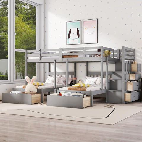 L Shaped Bunk Bed Full Over Twin Over Twin for 3, Triple Bunk Beds Frame with Storage Drawers and Staircase