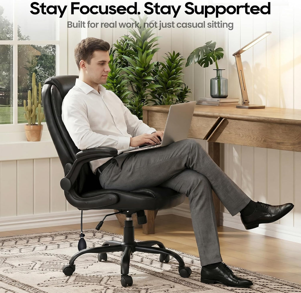 Leather, Computer Desk Chair with Adjustable Lumbar Support, Thick Cushion, Flip-Up Arms and Ergonomic Back, Comfy