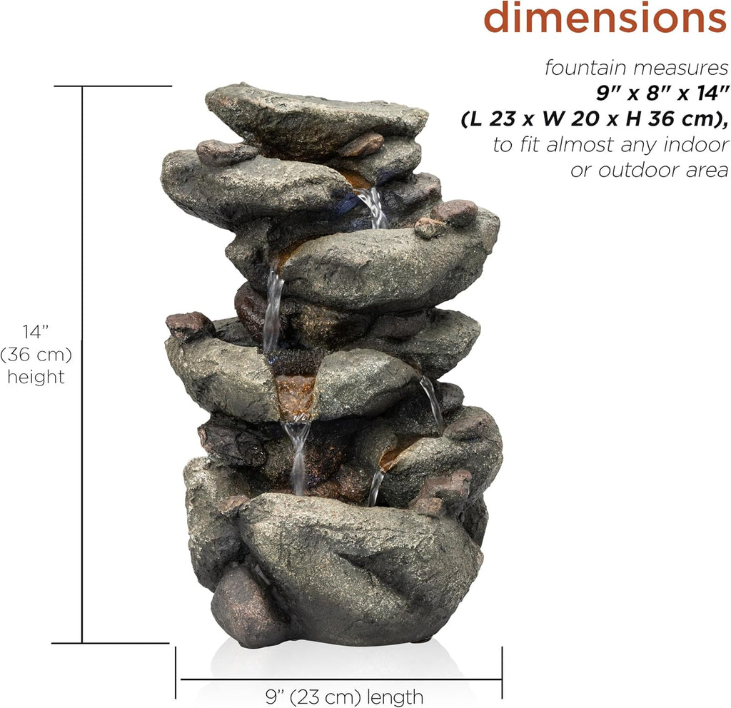 14" Indoor Tabletop Rainforest Rock Water Fountain with LED Lights, Tiered Desktop Fountain and Office Décor, Gray