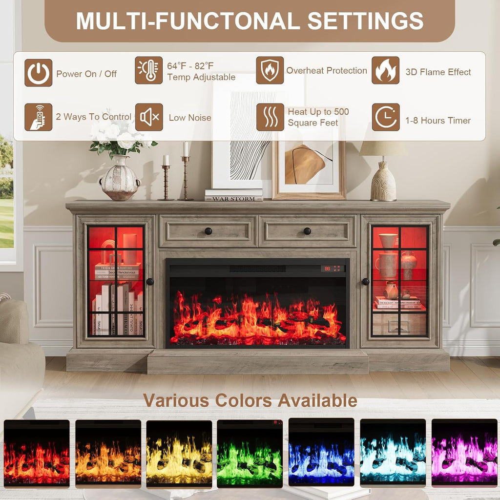 Fireplace TV Stand Up to 80" TVs, 70'' Modern Entertainment Center with 36" Electric Fireplace & LED Lights