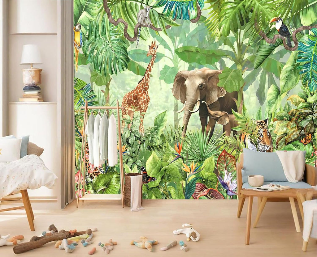 Peel and Stick Animal Wallpaper Tropical Rainforest Zoo Theme Mural | Tear-resistant,with a substantial feel;Will not