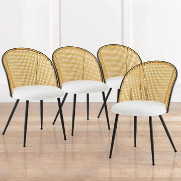 Rattan Dining Chairs Set of 4, Mid-Century Modern Upholstered Kitchen Chairs with Cane Backrest, Armless Farmhouse Dining Chairs with Metal Legs, White
