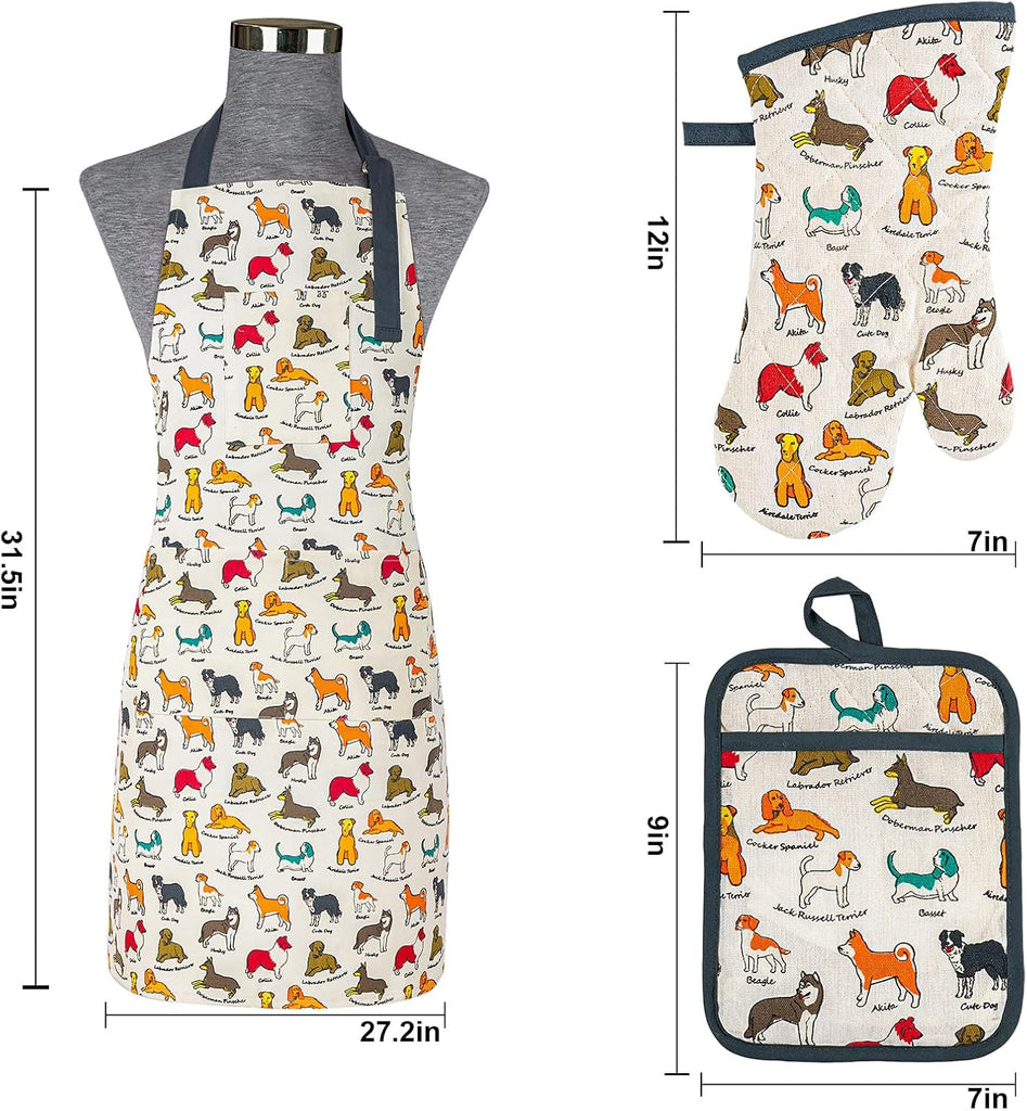 Oven Mitts and Pot Holders with Chef Apron,Kitchen Set of 5 | Heat Resistant Kitchen Gloves and Silicone Non-Slip